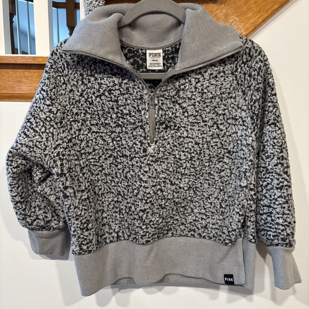 PINK Victoria's Secret Gray Sherpa Half-Zip Pullover